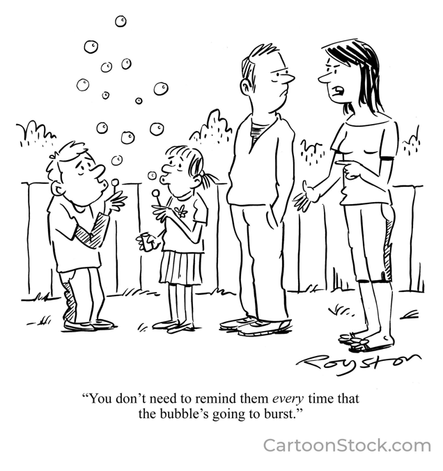 Cartoon illustration of family with children blowing bubbles