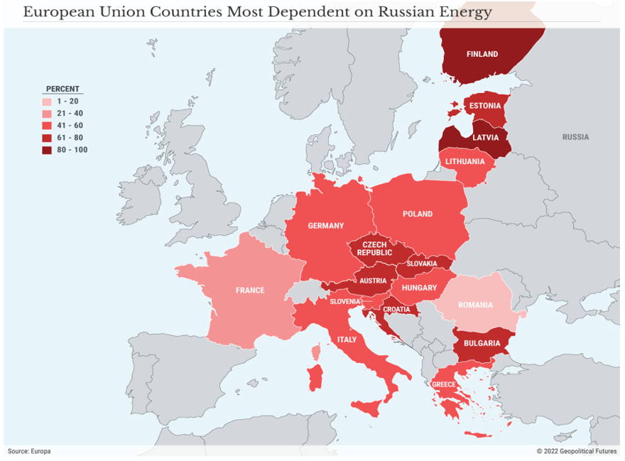 Map of European Union Countries dependent on Russian energy